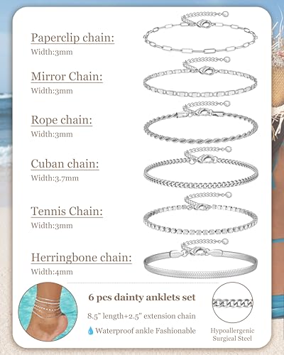 Besteel Ankle Bracelets for Women Waterproof - 14K Gold Plated Non Tarnish Layered Cuban Link Chain Rope Figaro Herringbone Anklets Set Plus Size Anklet Summer Foot Jewelry Gift Adjustable 8-12 Inch - style: 6 Pcs Steel Tennis-8.5+2.5 Inch