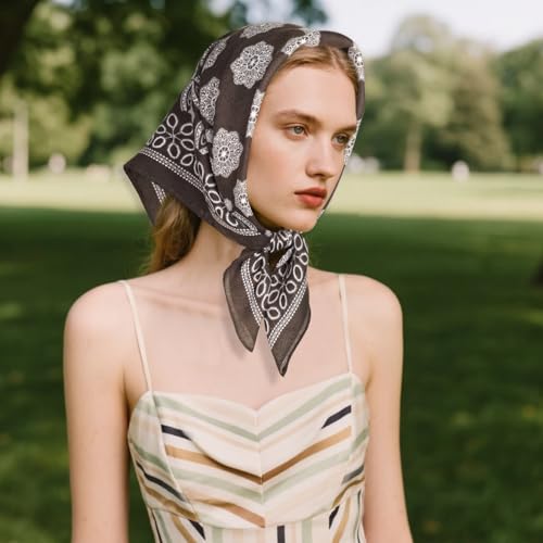 Relang Fashion Silk Satin Head Scarf for Women Hair Bandana Hair Scarf Wrap Neck Scarf for Women 27.5×27.5 inches - color: Brown Flower World