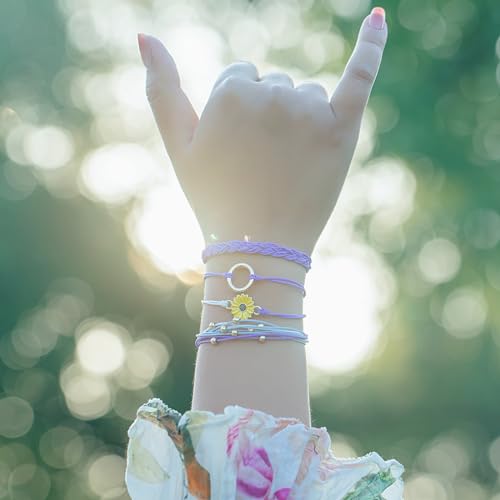 FANCY SHINY Easter Gifts Basket Stuffers Sunflower String Bracelet Boho Braided Rope Wrap Bracelets Cute Summer Beach Surfer Jewelry for Women - color: Purple