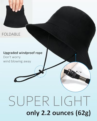 Water-Resistant Bucket Hat for Women Men Rain Hat UPF 50+ Boonie Sun Hat Foldable Summer Floppy Fishing Safari Hats - color: Black
