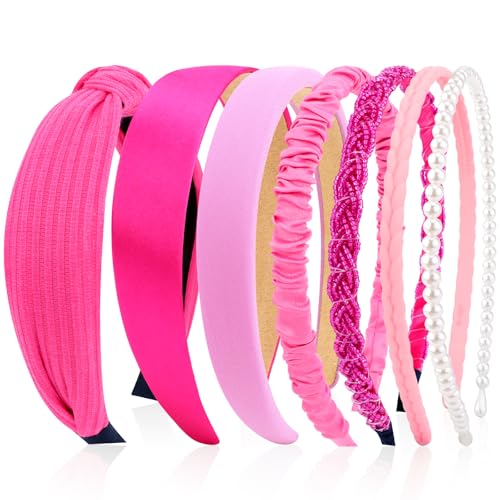VELSCRUN Headbands for Women 7 Pcs Different Hot Pink Knotted Solid Pearl Head Bands Non Slip Hair Band for Womens Gilrs Thin Thick Short Hair Fashion Accessories - color: Hot Pink