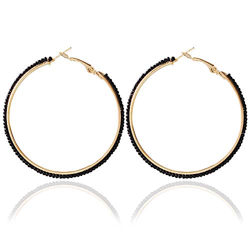 2 Pairs Bohemian Colorful Beads Circle Round Hoop Earrings Gold Hoop Dangle Earrings for Women Vintage Boho Jewelry - color: black