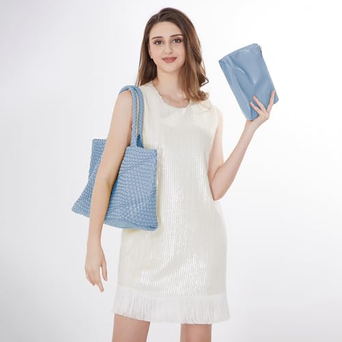 Woven Tote Bag Womens Purse Vegan Leather Shoulder Handbags Fashion Summer Beach Tote Bags Large Travel Totes - color: Blue