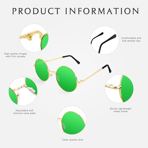 NACHLYNN Round Hippie Sunglasses Metal Border Circle Hippie Glasses UV380 Protection 70s Sunglasses for Men Women Party Favor - color: Green
