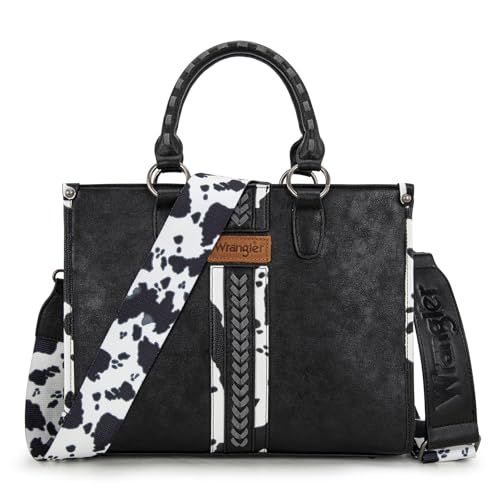Montana West Wrangler Animal Print Tote Bag for Women Western Purse Boho Top Handle Satchel Handbag - color: Cow Black