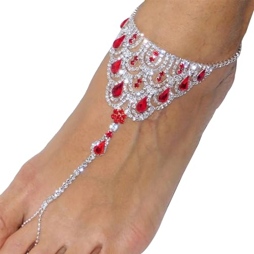 1Pair Summer Beach Water Drop Anklet Rhinestone Toe Ring Foot Chain Bridal Crystal Barefoot Anklet Sandal High Heels Accessories for Women - color: Red