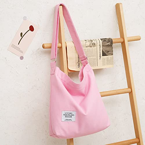 Covelin Women's Retro Large Size Canvas Shoulder Bag Hobo Crossbody Handbag Casual Tote - color: Pink