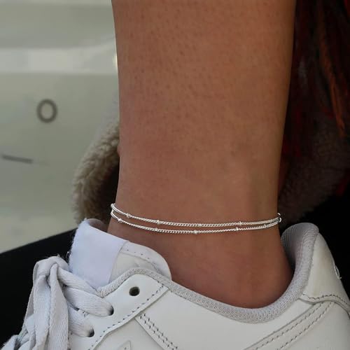 MIDEEO Gold/Silver Ankle Bracelets for Women,14K Gold Anklets for Women Waterproof Cuban Link Heart Beads Herringbone Rhinestone Anklets Set Layered Anklet Bracelets for Women Gold Jewelry Gift - style: 2 Layers Anklet B-SL