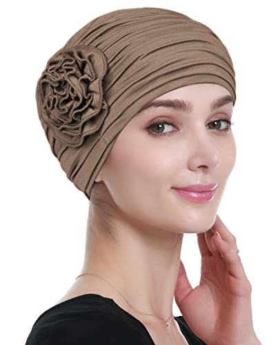Alnorm Flower Design Chemo Hair Loss Caps Cancer Headwear for Women - color: Khaki