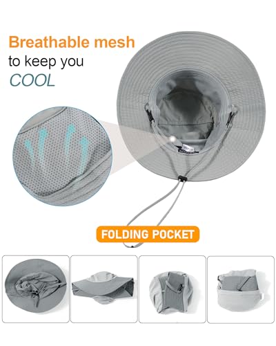 Womens Ponytail Sun Hat Packable UPF50+ Waterproof Bucket Hat Hiking Fishing Safari Hat Foldable Beach Hat - color: Light Grey