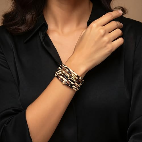 Fesciory Leather Wrap Bracelets for Women, Boho Leopard Multi-Layer Crystal Beads Cuff Bracelet Jewelry - color: Brown Leopard