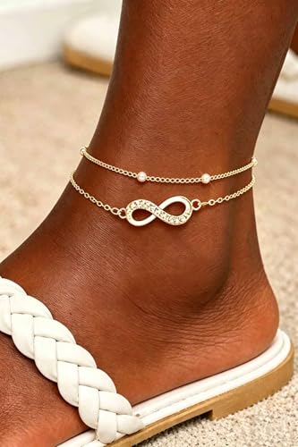 Yalice 925 Silver Ankle Bracelets Chain for Women Dainty 14K Gold Plated Waterproof Beads Anklets Layered Beach Foot Jewelry Gift - color: Gold-Infinity