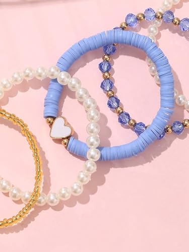Caiyao Bohemia Multilayer Heart Imitation Pearl Beaded Stackable Bracelets Set Colorful Surfer Heishi Clay Gold Beads Stretch Bracelets for Women Men Summer Beach Boho Vacation Jewelry Gifts - color: Blue