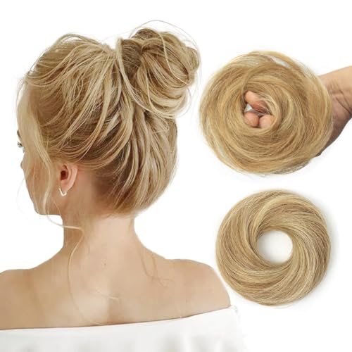 Human Hair Bun Extensions, Messy Bun Hair Piece, Soft Fluffy Elastic Scrunchie, 30s Easy Updo for Women & Kids, Ideal for Daily Wear, Ballet, Dance & Office Use (Honey Highlights Golden) - color: Honey Golden Highlights, size: 4 Inch