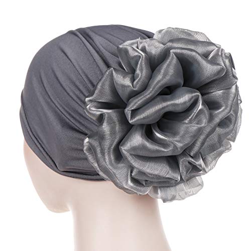 Women Big Flower Turban Hat Head wrap Headwear Cancer Chemo Beanie Cap Hair Loss Cover - color: Gray