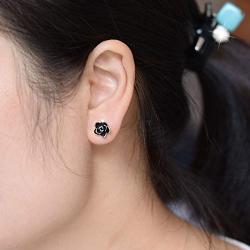 AllenCOCO Rose Flower Stud Earrings for Women Sensitive Ears, Hypoallergenic Cute Gold And Silver Rose Flower Earrings Studs for Women Nickel Free - color: Black flower/White gold, size: 0.35
