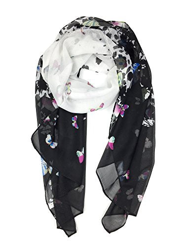 YOUR SMILE Ladies/Women's Lightweight Floral Print/Solid Color mixture Shawl Scarf For Spring Summer season - color: Black/White Butterfly