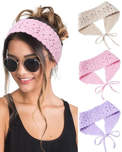 HAIMEIKANG Hippie Hair Bandana Headbands for Women Boho Headband Knit Hair Bands Floral Head Wrap for Women and Girls (Beige+Pink+Purple) - color: Beige+Pink+Purple