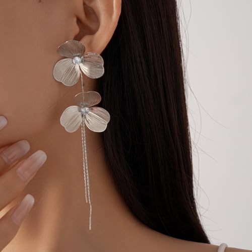 Gold Flower Dangle Long Tassel Earrings for Women Boho Large Metal Drop Hollow Flower Earrings Layered Floral Petal Jewelry - color: Silver