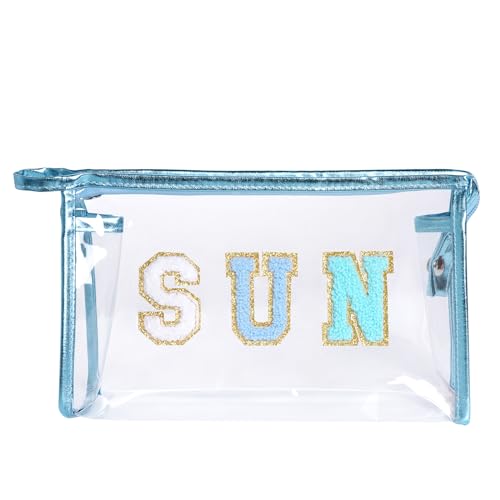 Clear Preppy Patch Makeup Bag, Sun Chenille Letter Bag for Beach, Pouch With Zipper, Travel Cosmetic Toiletry Bag for Women Girls Teens (Blue) - color: Blue