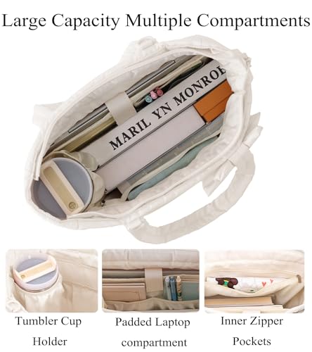 CTWWFS Puffer Tote Bag for Women, Quilted Bow Tote Bag with Cup Holder & 15.6 In Laptop Compartment for Work, Travel, Gym - color: Beige