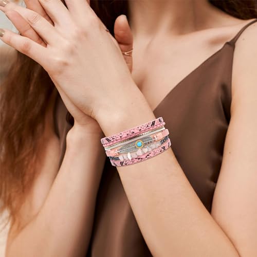 Long tiantian Boho Leather Wrap Bracelets Western Bracelets for Women Stackable Starfish Crystal Pearl Turquoise Leather Bracelet With Clasp Jewelry Gifts Boho Dresses - color: A3:Pink Bracelet
