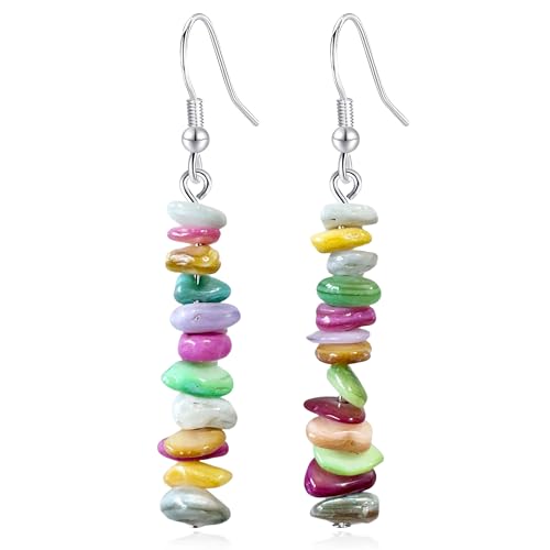Handmade Bohemian Vintage Silver Nature Stone Beads Long Dangle Drop Earrings for Women - color: Light Colorful