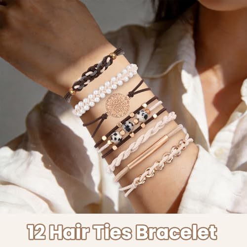 DIYDEC 12pcs Hair Ties Bracelet for Women Boho Braided Hair Ties No Damage Elastic Hair Bracelet Band for Girls Soft Thick Thin Long Curly Hair Accessories(Pearl) - color: white