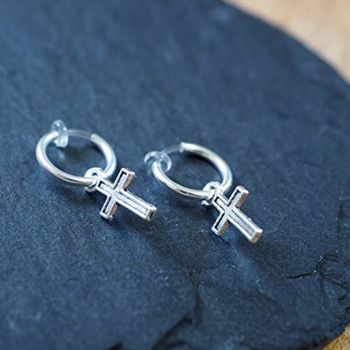 Silver Small for Women Comfortable Plastic Invisible Clip On Hoop Earrings Men Fake Nose Ring Faux Lip Septum Ring Fake Cartilage Earrings 12 mm Spike Cross Feather 15mm Unisex Gold Non Piercing Lobes - color: Small Cross