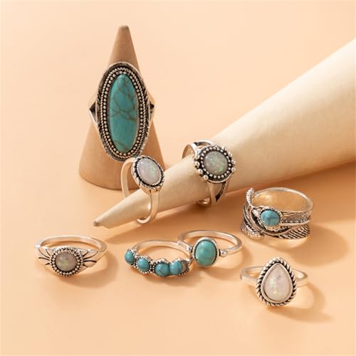 Bohemian Turquoise Ring Set for Women,Vintage Gem Turquoise Opal Joint Knuckle Stackable Rings Chunky Boho Midi Ring Pack Punk Western Ring Mixed Size - style: Style C