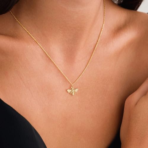 VRIUA Gold Necklace for Women - 14K Gold Plated Dainty Italian Horn Star of David Butterfly Bow Sun Lotus Volleyball Baseball Cowboy Boots Necklace Jewelry Everyday for Women - style: Bee
