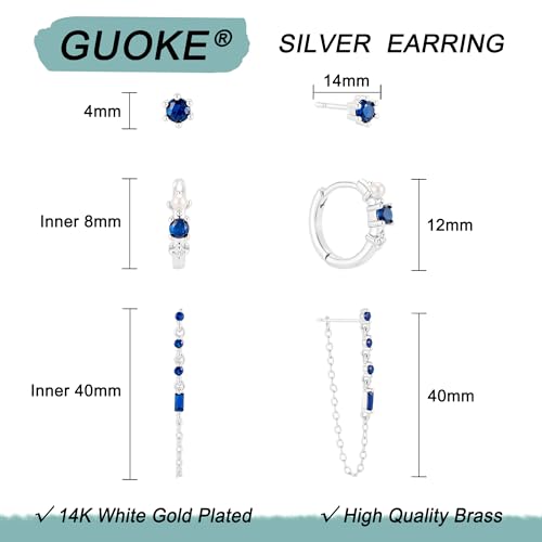 3 Pairs Small Earring Stacks, 14K Gold/Silver/Black/Rose Gold Plated Pearl Heart Butterfly Star Diamond Charm Drop Huggie Earrings Trendy Jewelry Gift for Women - color: Silver-Blue Chain