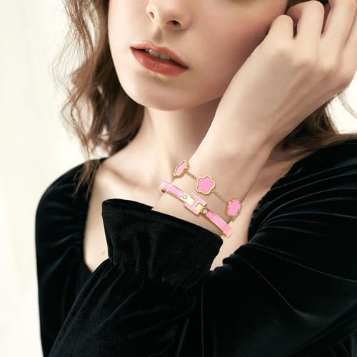 H Bangle & Clover Bracelet for Women - Stainless Steel Fashion Jewelry - 18K Gold Plated H Bangle and Lucky Five Leaf Clover Bracelet - Elegant Bracelets Set - Gift for Women - color: Gold-Pink Set