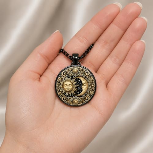 1pc Stunning Round Pendant Necklace - Unique Sun & Moon Pattern, Oil Painting Style Glass Mosaic, Alloy Construction, Trendy Sweater Chain, Fashionable Gift for Women - Christmas or Birthday Gift - color: Gray Moon (Black)