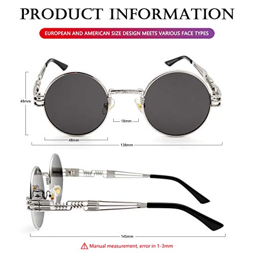 AIEYEZO Round Steampunk Sunglasses for Men Women Retro Circle Hippie Glasses Metal Frame 100% UV Blocking Lens - color: Silver/Grey