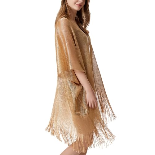 Sparkle Metallic Evening Shawls for Women formal Party Dresses Beach Travel Cardigan Shawl Wrap for Swimsuit - color: B-dark Gold