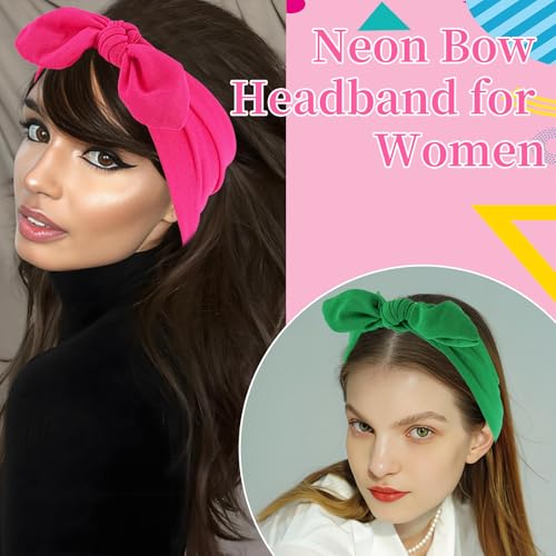 KICOSY 4PCS Neon Bow Headbands for Women - 80s Style Colorful Knotted Hair Bands, Retro Workout & Casual Hair Accessories