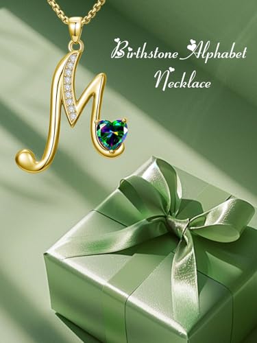 Birthday Gifts for Women 18k Gold Initial Necklaces for Women Simple Alphabets Letters with Birthstone Pendants Name Jewelry Anniversary Wedding Gifts for Sister Daughter Her (with Gift Box) - color: 06-Jun-Alexandrite, style: Letter M