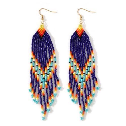 Bohemian Beaded Long Tassel Dangle Earrings for Women, Handmade Jewelry White Tarnish Resistant Lightweight Design, Stylish Accessory for Beach Vacation Party and Gift - color: Blue