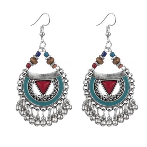Vintage Boho Statement Drop Dangle Earrings for Women Bohemian Ethnic Handmade Beaded Charms Earring Bohemian Retro Chandelier Tassel Earrings Mexico Gypsy Jewelry Gift - color: Silver Red Triangle