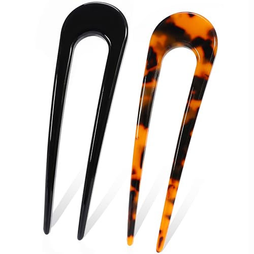 French Hair Pins Tortoise Shell French Hair Forks U Shaped French Pins 2 Prong Hair Sticks Acetate Chignon Pin for Women Hairstyle Accessories 2 Pack - color: Tortoise Shell +Black