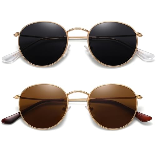 MEETSUN Round Polarized Sunglasses for Women Men Classic Retro Metal Frame Sun Glasses UV Protection - color: (2 Pack) Gold/Grey + Gold/Brown