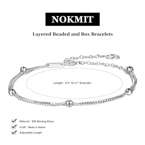 NOKMIT Solid 925 Sterling Silver Bracelets for Women, Dainty Interlocking Circles Cubic Zirconia Adjustable Chain Bracelet, Trendy Stackable Link Bracelets, Simple Cute Jewelry Gifts - color: Silver Beaded Box Chain