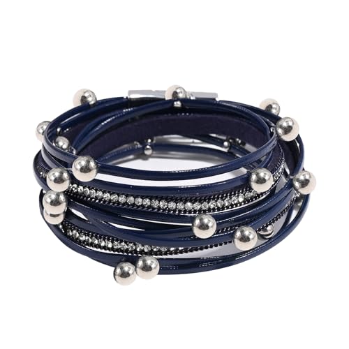 VIBILIA Boho Leather Wrap Bracelets for Women Multi-Layer Bracelets with Strong Clasp Jewelry for Women - color: 07-Beads-Blue