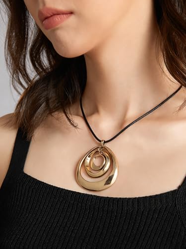 PU Leather Necklace Vintage Boho Style Multilayer Pendant Long Sweater Necklace Jewelry for Women Men with Adjustable Leather Cord - color: Gold Statement Necklace