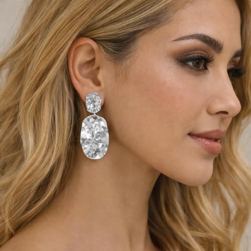 Chunky Irregular Geometry Clip On Earrings for Women, Matte Gold/Silver Retro Oval Dangle Drop Clip Earrings Non Pierced Clips Stetement Jewelry Gifts - color: Silver