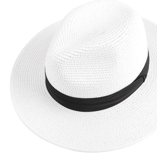 DRESHOW Women Straw Panama Hat Travel Fedora Beach Sun Hat Summer Wide Brim Straw Roll up Hats UPF 50+ - color: Fedora White