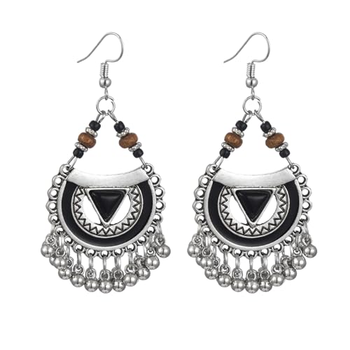 Vintage Boho Statement Drop Dangle Earrings for Women Bohemian Ethnic Handmade Beaded Charms Earring Bohemian Retro Chandelier Tassel Earrings Mexico Gypsy Jewelry Gift - color: Silver Black Triangle