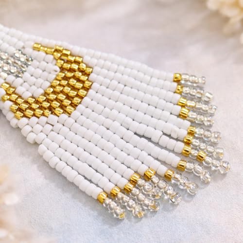 Bohemian Beaded Long Tassel Dangle Earrings for Women, Handmade Jewelry White Tarnish Resistant Lightweight Design, Stylish Accessory for Beach Vacation Party and Gift - color: white-02