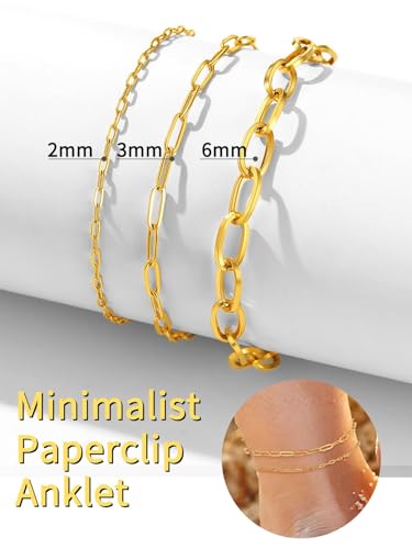 ChainsHouse Ankle Bracelets for Women, Stainless Steel Chain Anklets Waterproof, Women Summer Beach Jewelry Gift, Come with Box - color: 02. 2Pcs-(2+3mm)-Paperclip-14K Gold
